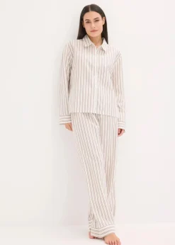 bonprix Wäsche·Homewear|Wäsche·Nachtwäsche^Weit geschnittener Loungewear Hausanzug aus gewebter Baumwolle natur/mattbraun gestreift