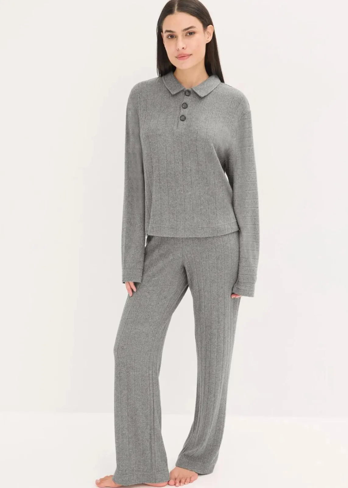 bonprix Nachtwäsche|Homewear^Weit geschnittener Loungewear Hausanzug aus weicher Rippe grau meliert