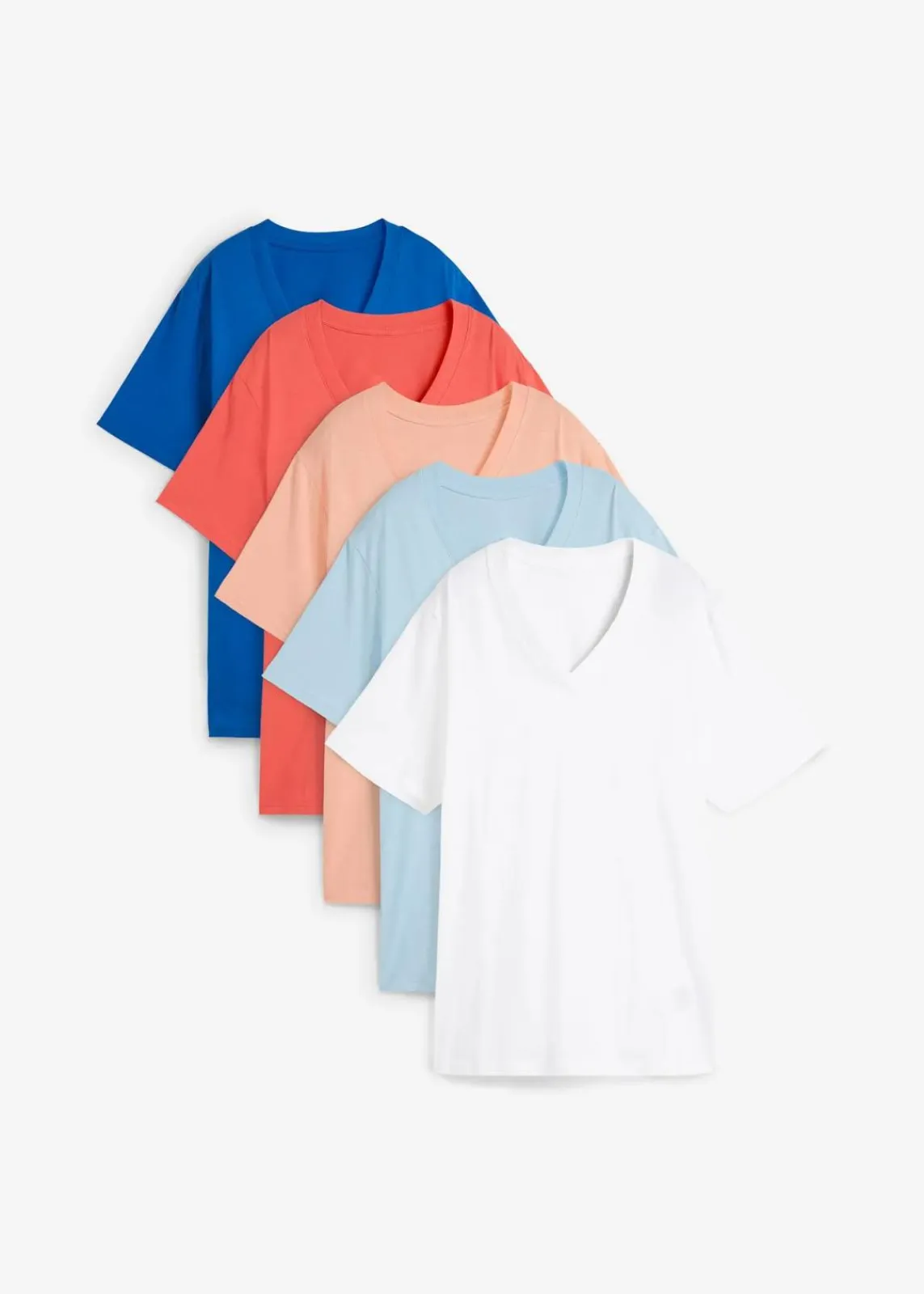 bonprix Bekleidung·Röcke|Basics^Weites Long-Shirt mit V-Ausschnitt, Kurzarm (5er Pack) hellkoralle + hummer + hellblau + azurblau + weiß