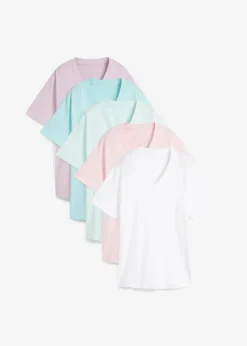 bonprix Shirts & Tops|Basics^Weites Long-Shirt mit V-Ausschnitt, Kurzarm (5er Pack) kristallrosa + pastellmint + mattaqua + rauchflieder + weiß