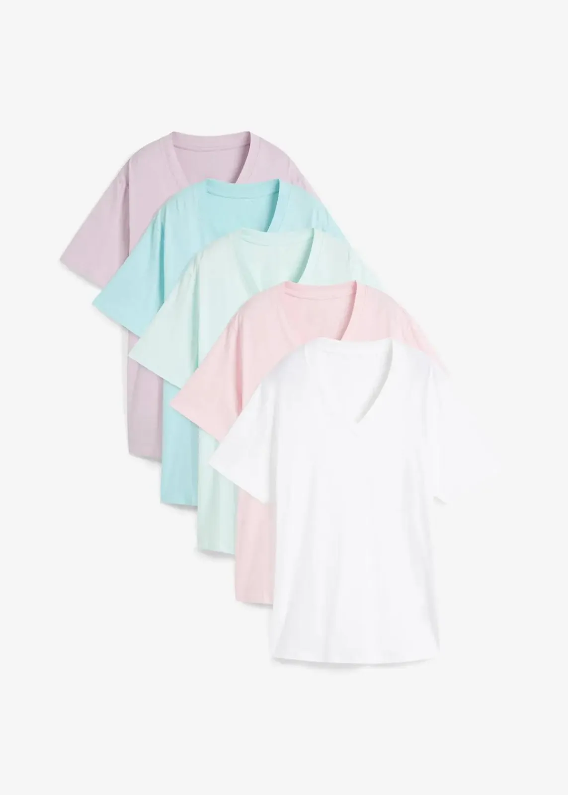 bonprix Shirts & Tops|Basics^Weites Long-Shirt mit V-Ausschnitt, Kurzarm (5er Pack) kristallrosa + pastellmint + mattaqua + rauchflieder + weiß