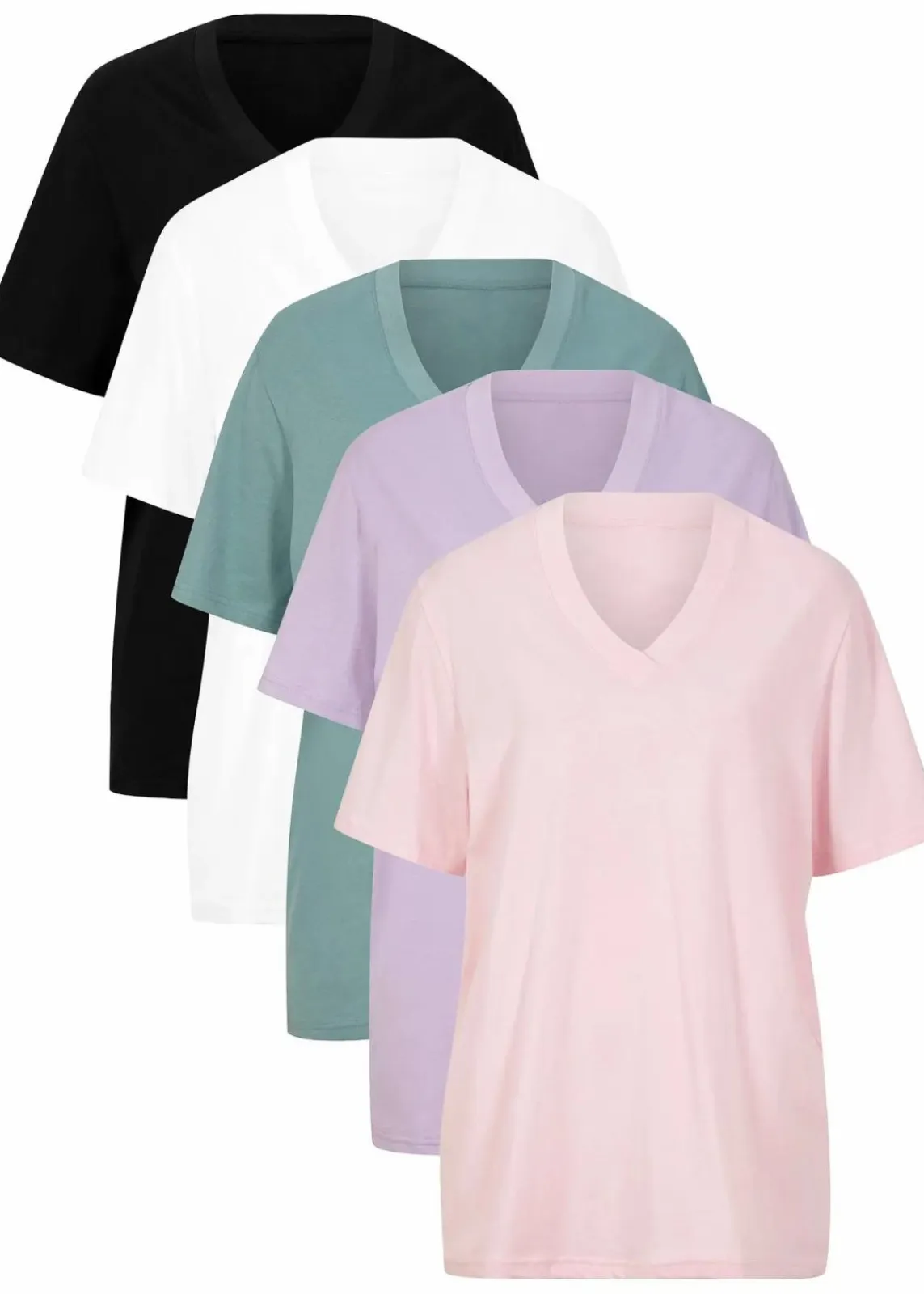 bonprix Shirts & Tops|Basics^Weites Long-Shirt mit V-Ausschnitt, Kurzarm (5er Pack) hellviolett + rauchsalbei + kristallrosa + schwarz + weiß