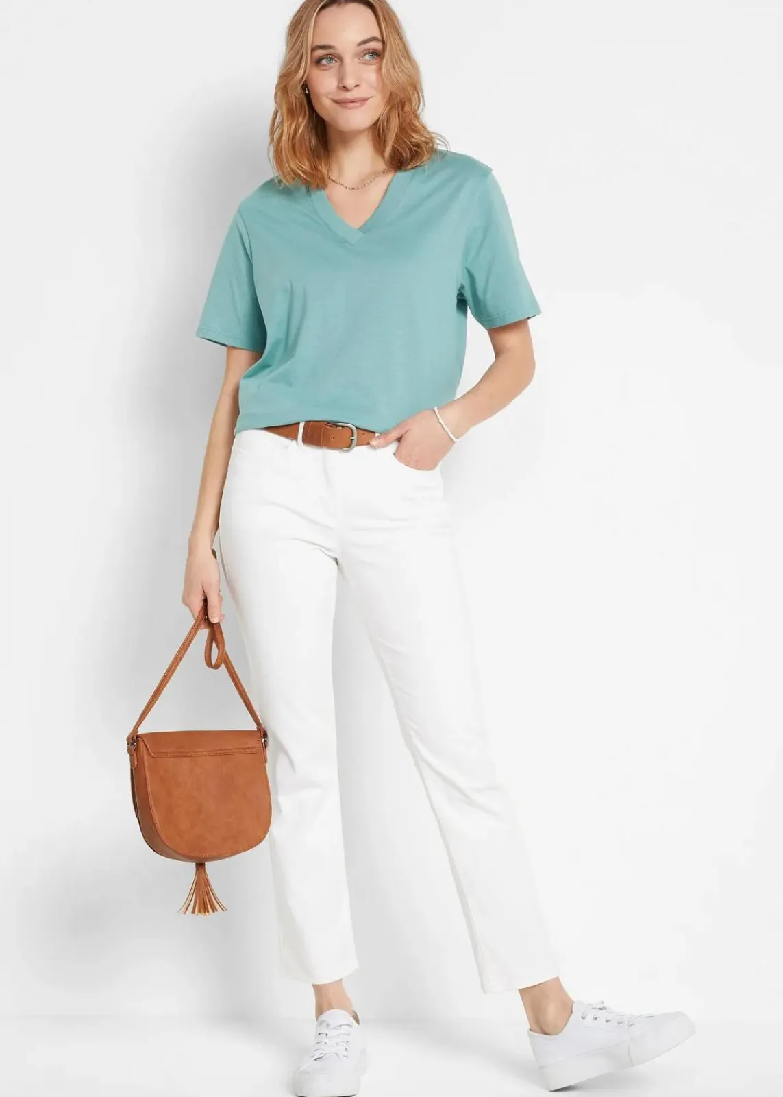 bonprix Shirts & Tops|Basics^Weites Long-Shirt mit V-Ausschnitt, Kurzarm (5er Pack) hellviolett + rauchsalbei + kristallrosa + schwarz + weiß