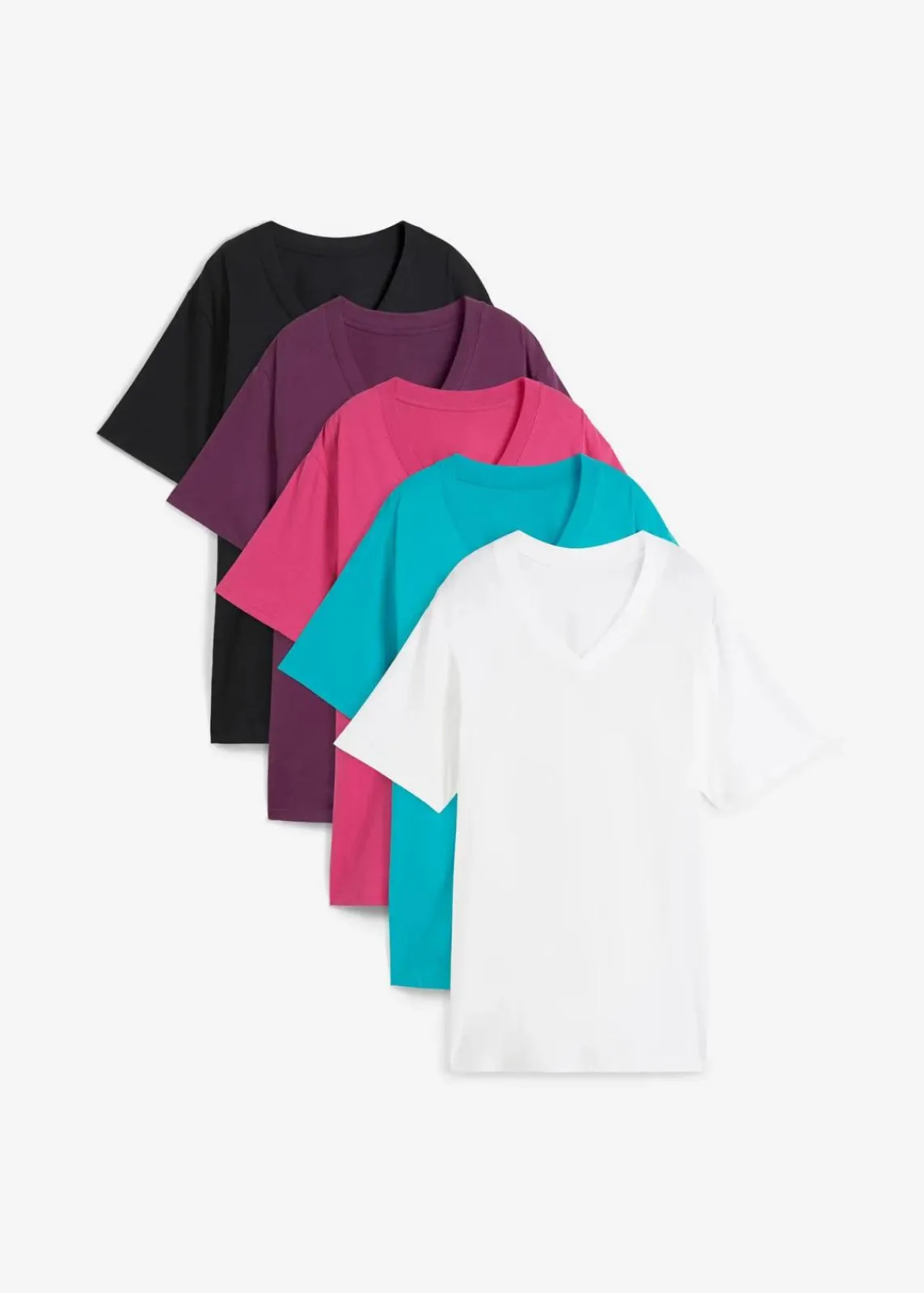 bonprix Shirts & Tops|Basics^Weites Long-Shirt mit V-Ausschnitt, Kurzarm (5er Pack) smaragd + weinbeere + mittelfuchsia + weiß + schwarz