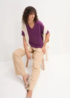 bonprix Shirts & Tops|Basics^Weites Long-Shirt mit V-Ausschnitt, Kurzarm (5er Pack) smaragd + weinbeere + mittelfuchsia + weiß + schwarz