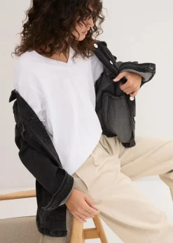 bonprix Shirts & Tops|Basics^Weites Long-Shirt mit V-Ausschnitt, Kurzarm (5er Pack) schwarz + schwarz + schwarz + weiß + weiß