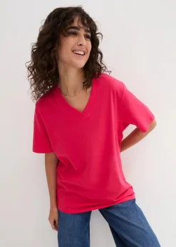 bonprix Shirts & Tops|Basics^Weites Long-Shirt mit V-Ausschnitt, Kurzarm (5er Pack) schwarz+ hibiskuspink + hellgrau meliert + weiß + dunkelblau