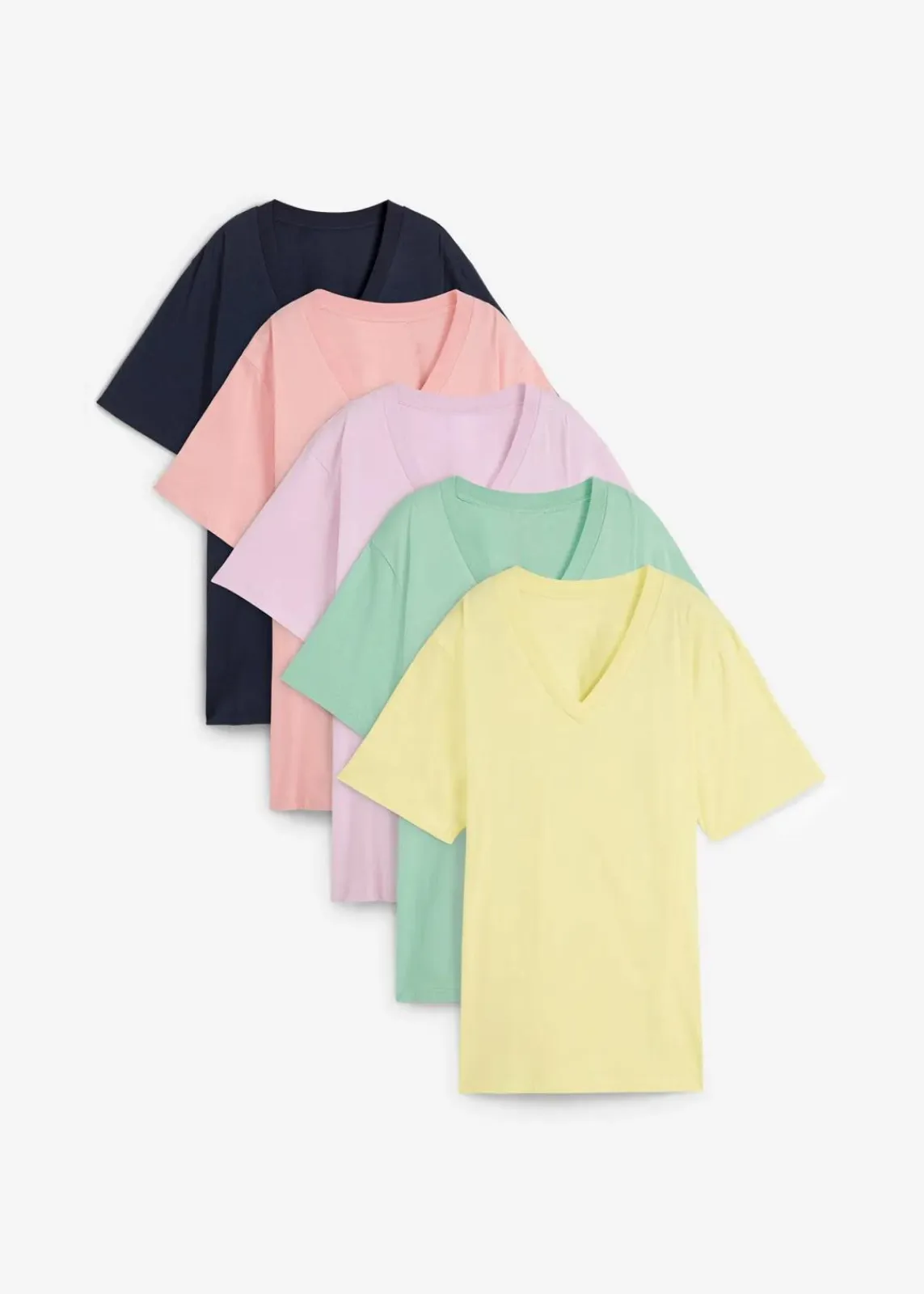 bonprix Shirts & Tops|Basics^Weites Long-Shirt mit V-Ausschnitt, Kurzarm (5er Pack) softrosa + softflieder + mint + softlimette + dunkelblau