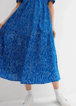 bonprix Kleider^Weites Midikleid aus reiner Baumwolle arktikblau/wollweiß bedruckt