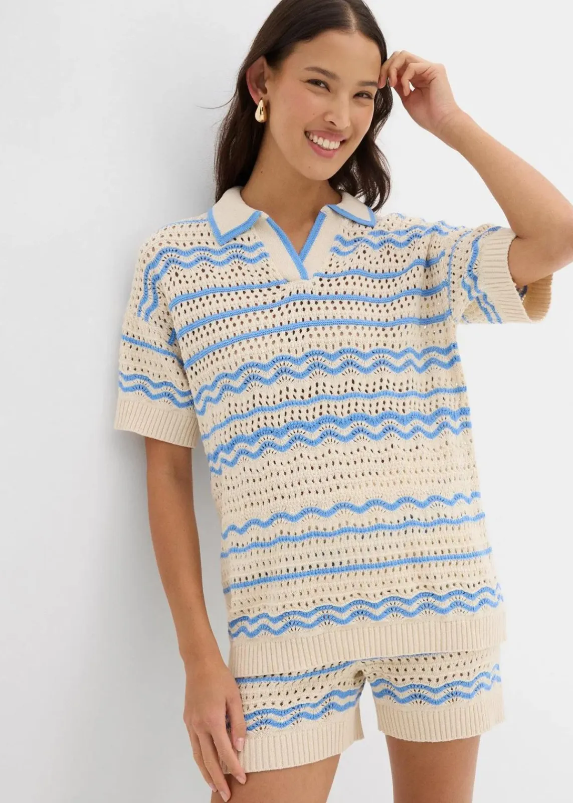 bonprix Strickmode|Shirts & Tops^Weites Strickshirt aus luftigem Baumwoll-Leinen-Mix elfenbein/mittelblau