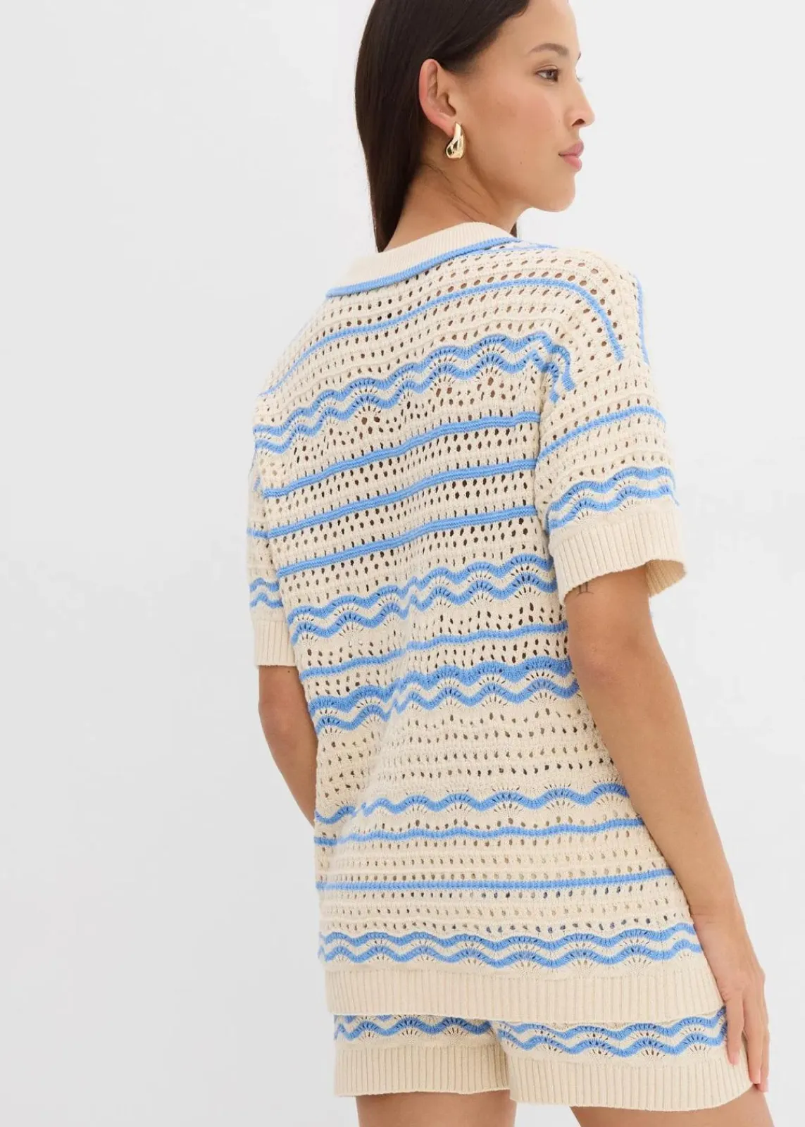bonprix Strickmode|Shirts & Tops^Weites Strickshirt aus luftigem Baumwoll-Leinen-Mix elfenbein/mittelblau