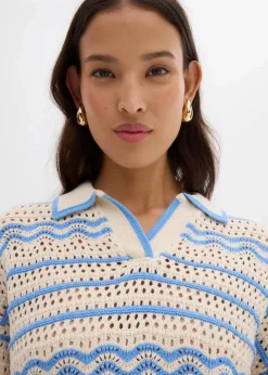 bonprix Strickmode|Shirts & Tops^Weites Strickshirt aus luftigem Baumwoll-Leinen-Mix elfenbein/mittelblau