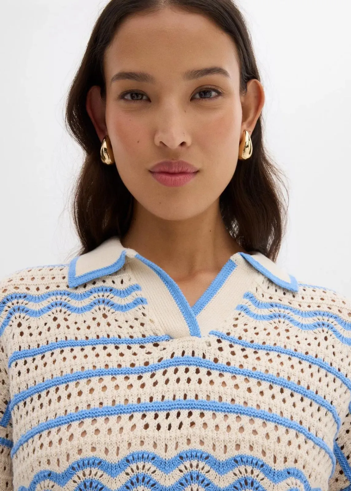 bonprix Strickmode|Shirts & Tops^Weites Strickshirt aus luftigem Baumwoll-Leinen-Mix elfenbein/mittelblau