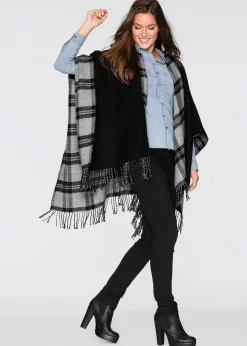 bonprix Ponchos|Schuhe & Accessoires In Spezialgrößen·Tücher & Ponchos^Wende-Poncho schwarz/grau kariert + schwarz uni