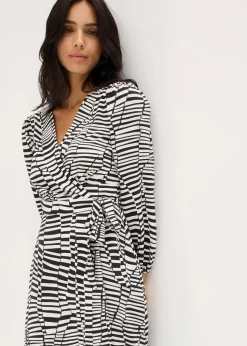 bonprix Bekleidung·Pullover & Strickjacken|Kleider^Wickelkleid schwarz/weiß graphisch bedruckt