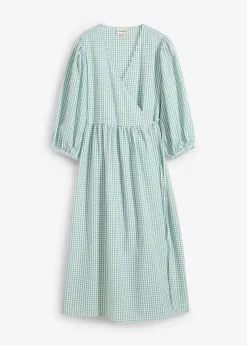 bonprix Kleider|Bekleidung·Pullover & Strickjacken^Wickelkleid aus Strukturmaterial rauchsalbei/wollweiß kariert