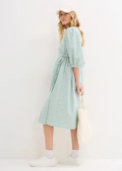 bonprix Kleider|Bekleidung·Pullover & Strickjacken^Wickelkleid aus Strukturmaterial rauchsalbei/wollweiß kariert