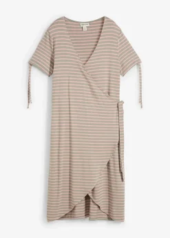 bonprix Bekleidung·Pullover & Strickjacken|Kleider^Wickelkleid aus fließendem Viskose-Elasthan-Mix antikrosa/seegras gestreift