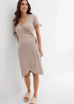 bonprix Bekleidung·Pullover & Strickjacken|Kleider^Wickelkleid aus fließendem Viskose-Elasthan-Mix antikrosa/seegras gestreift