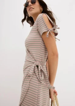 bonprix Bekleidung·Pullover & Strickjacken|Kleider^Wickelkleid aus fließendem Viskose-Elasthan-Mix antikrosa/seegras gestreift