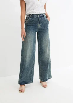 bonprix Bekleidung·Shirts & Tops|Jeans^Wide Leg Jeans High Waist, Low Stretch blau denim used