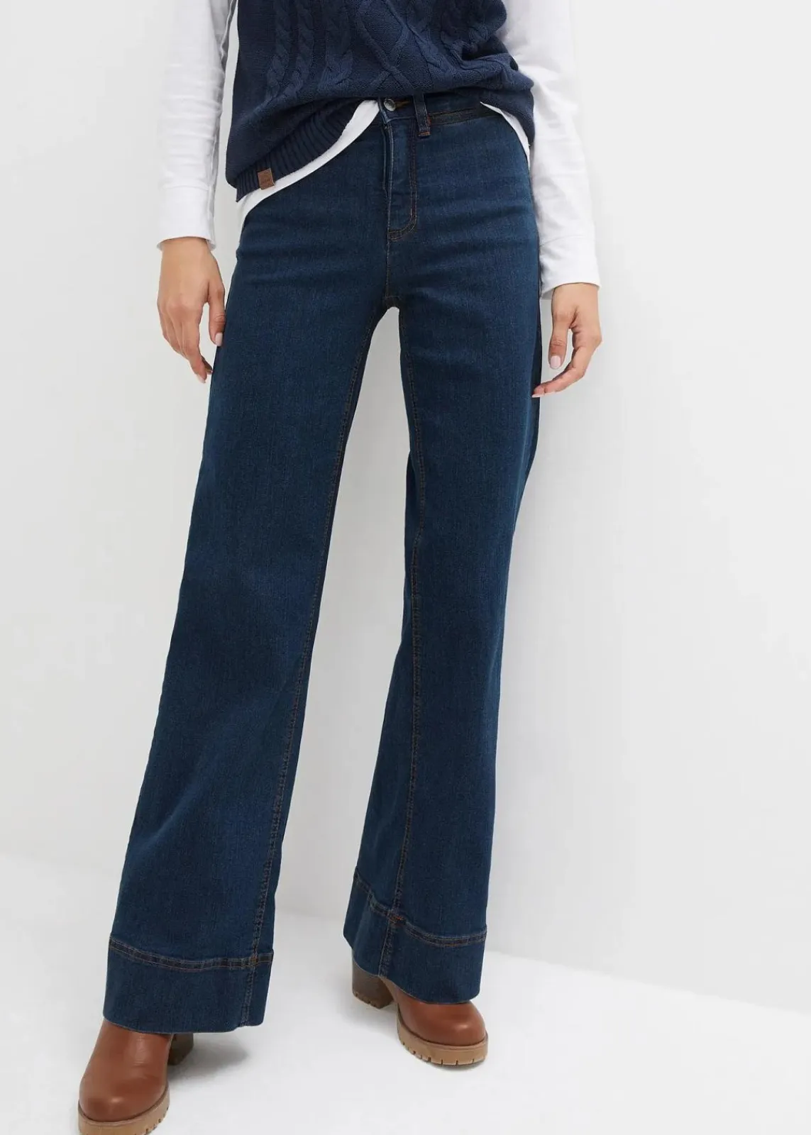 bonprix Kurzgrößen|Bekleidung·Shirts & Tops^Wide- Leg Jeans Mid Waist, Komfort-Stretch nachtblau denim