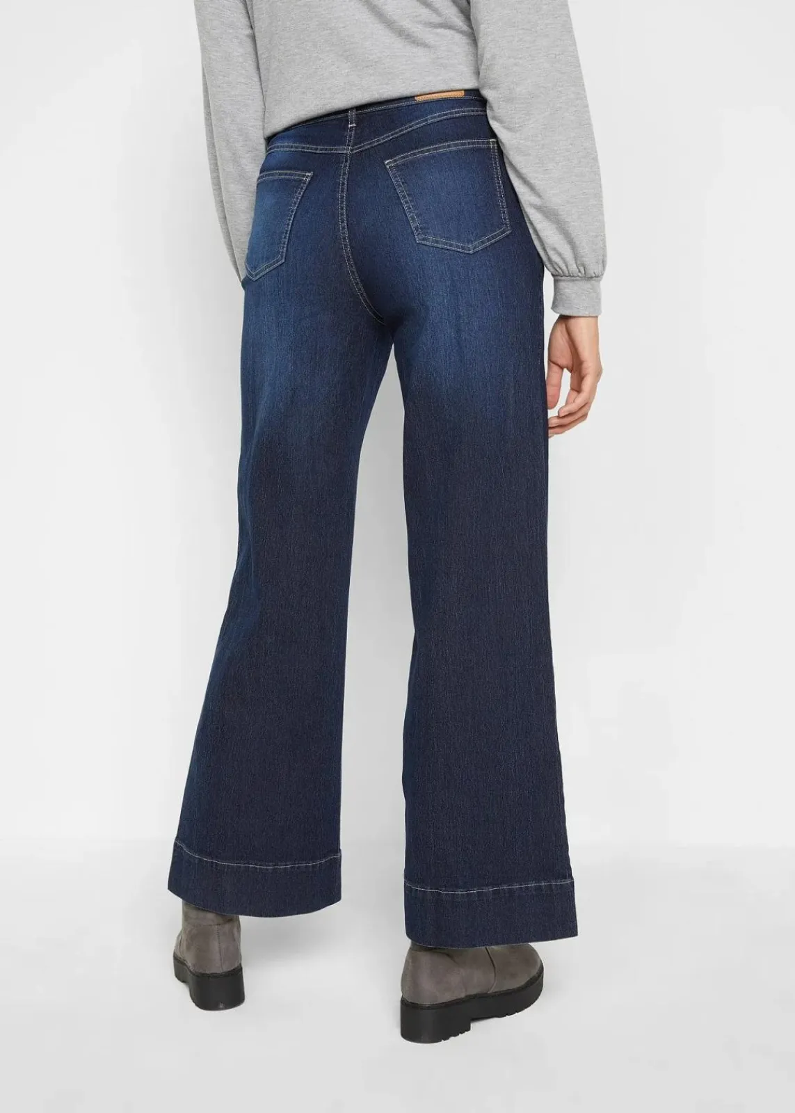 bonprix Kurzgrößen|Bekleidung·Shirts & Tops^Wide Leg Jeans Mid Waist, Stretch dunkelblau denim used