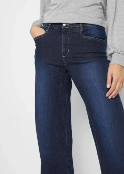 bonprix Kurzgrößen|Bekleidung·Shirts & Tops^Wide Leg Jeans Mid Waist, Stretch dunkelblau denim used