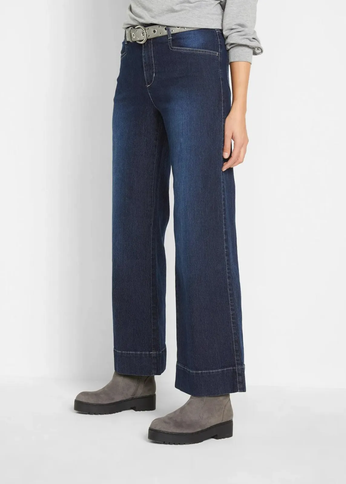 bonprix Jeans|Kurzgrößen^Wide Leg Jeans Mid Waist, Stretch dunkelblau denim used
