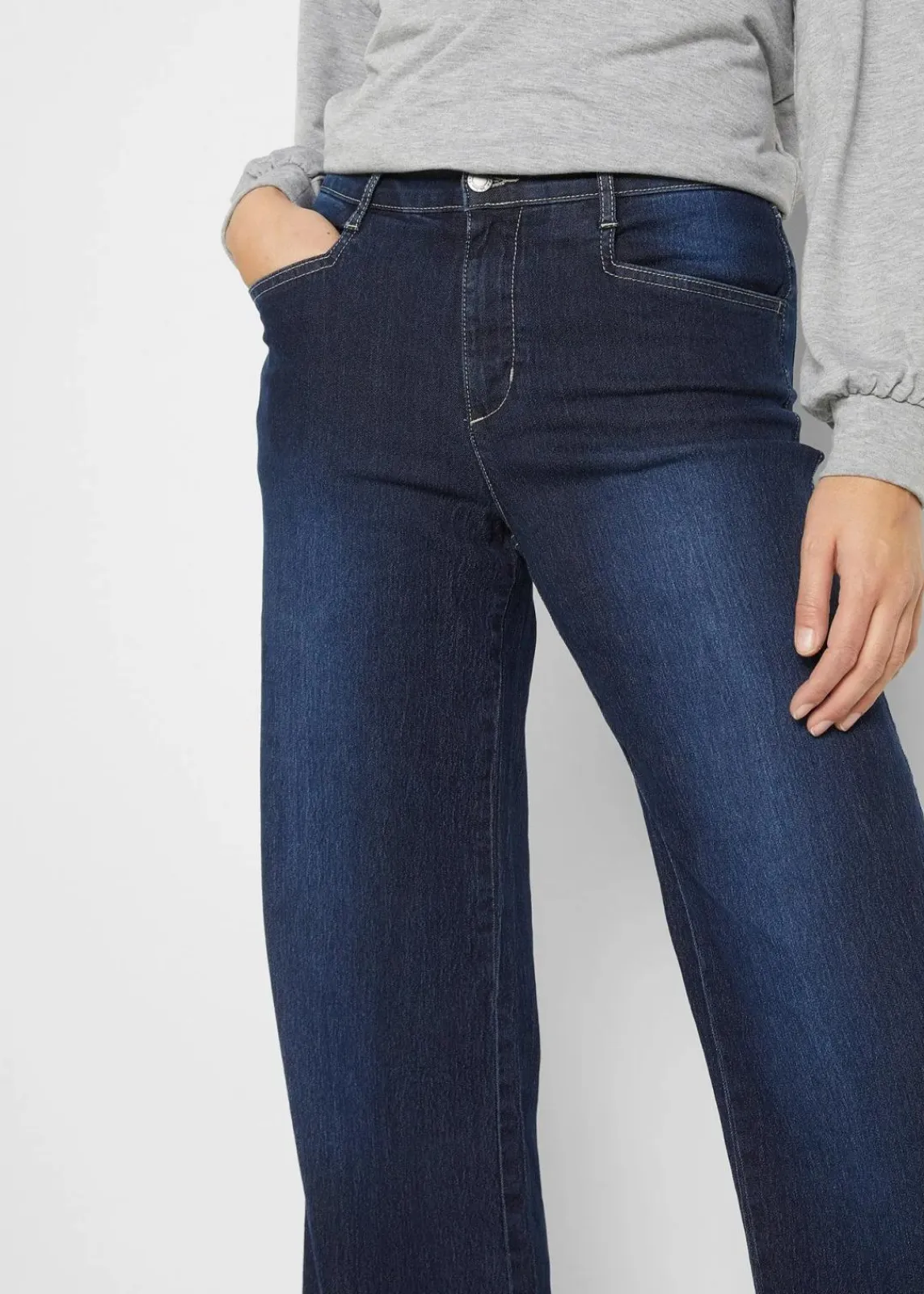 bonprix Jeans|Kurzgrößen^Wide Leg Jeans Mid Waist, Stretch dunkelblau denim used