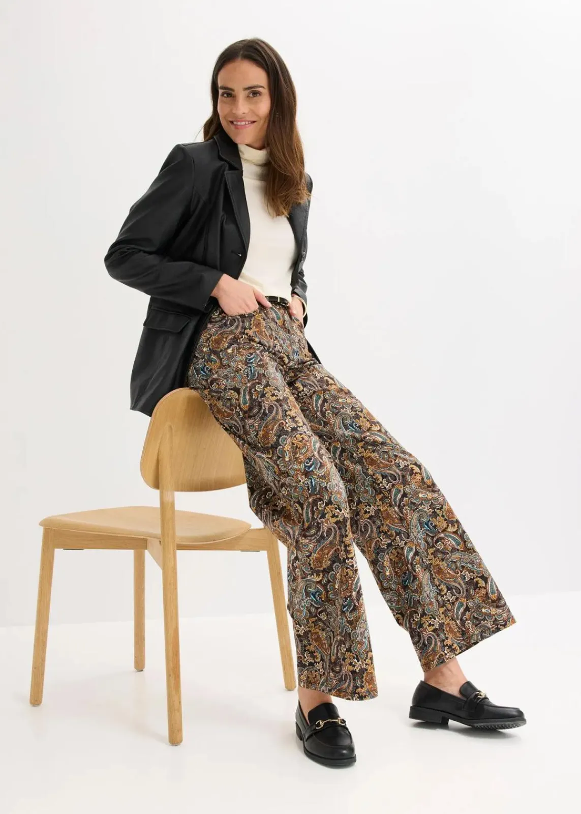 bonprix Bekleidung·Kleider|Hosen^Wide Leg Stretchhose mit Baumwolle schwarz/beige paisley