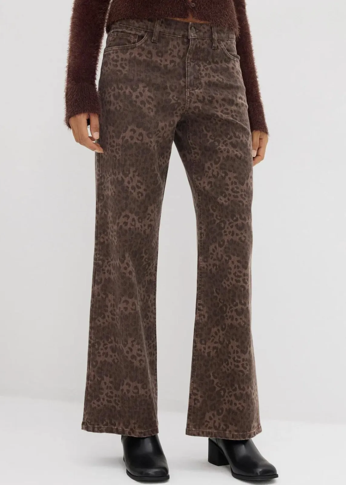 bonprix Hosen|Bekleidung·Kleider^Wide Leg Twillhose mit Leodruck dunkelbraun leo bedruckt, washed