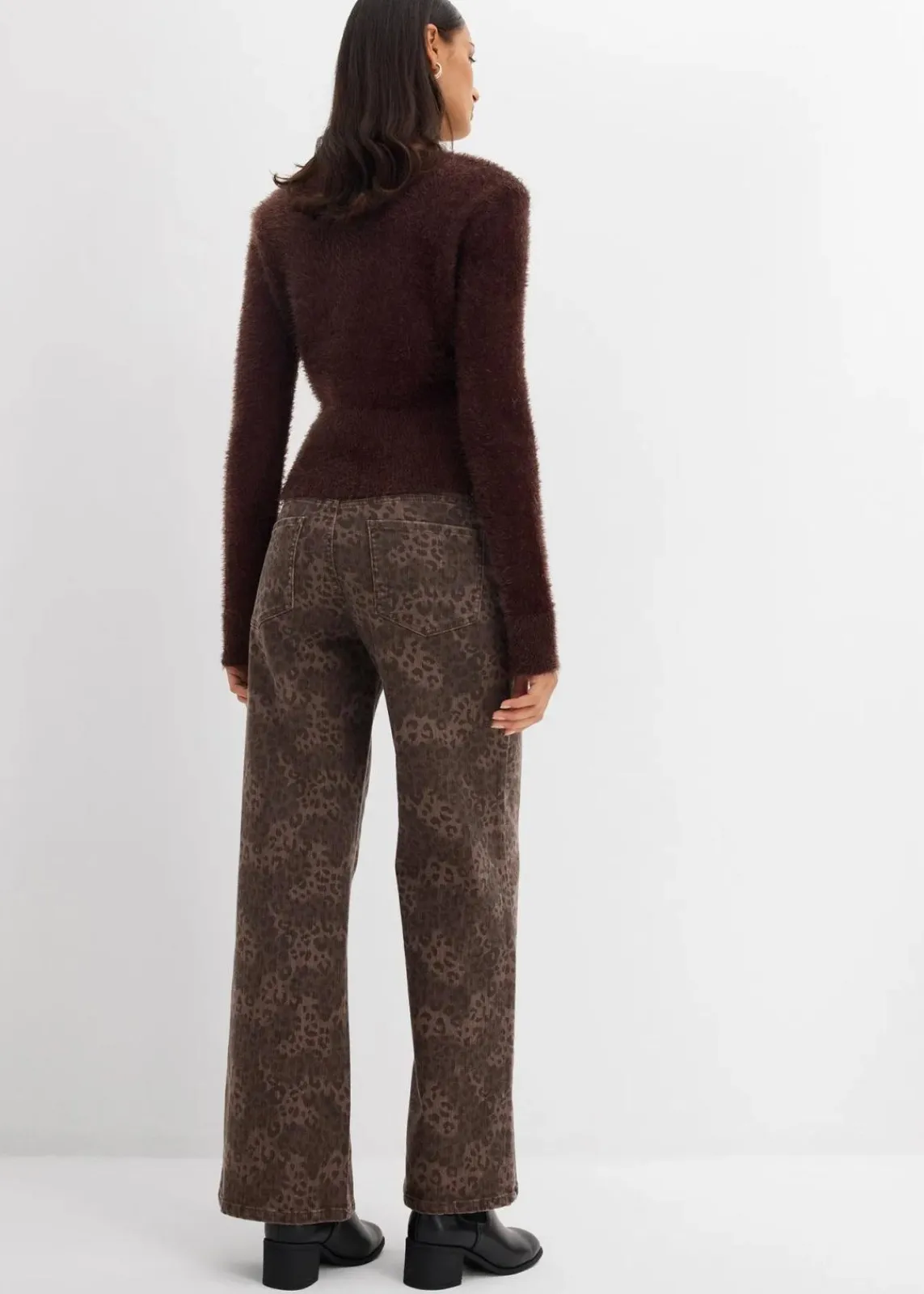bonprix Hosen|Bekleidung·Kleider^Wide Leg Twillhose mit Leodruck dunkelbraun leo bedruckt, washed