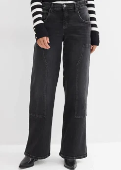 bonprix Kurzgrößen|Bekleidung·Shirts & Tops^Wide-Leg Jeans Mid Waist dunkelgrau denim used