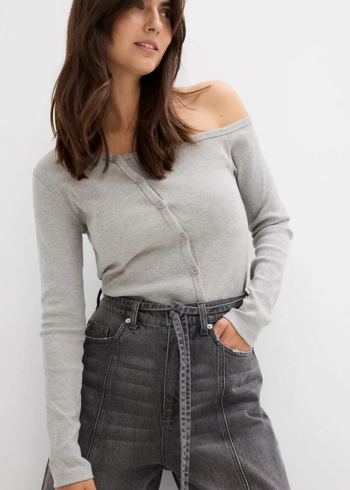 bonprix Jeans|Bekleidung·Shirts & Tops^Wide-Leg-Jeans High Waist grau denim used