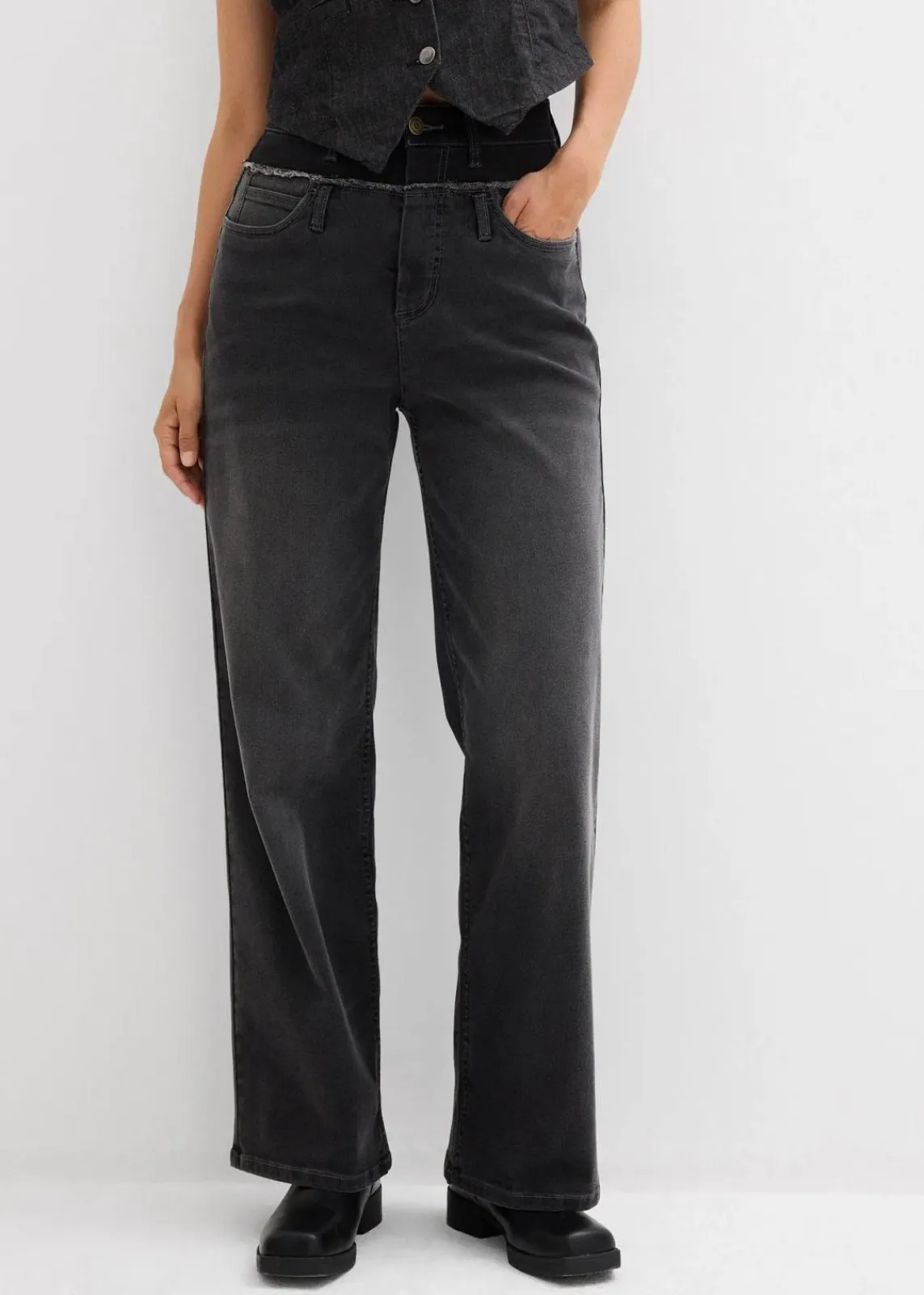 bonprix Bekleidung·Shirts & Tops|Jeans^Wide-Leg-Jeans High Waist dunkelgrau denim used