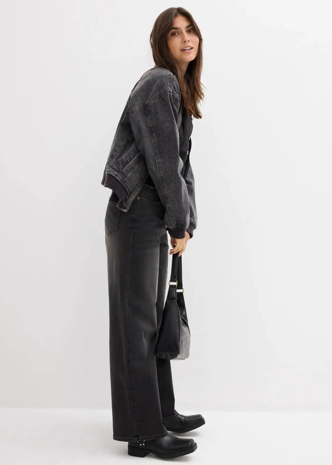 bonprix Bekleidung·Shirts & Tops|Jeans^Wide-Leg-Jeans High Waist dunkelgrau denim used