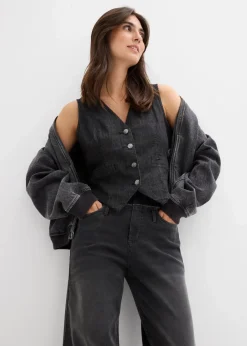 bonprix Bekleidung·Shirts & Tops|Jeans^Wide-Leg-Jeans High Waist dunkelgrau denim used