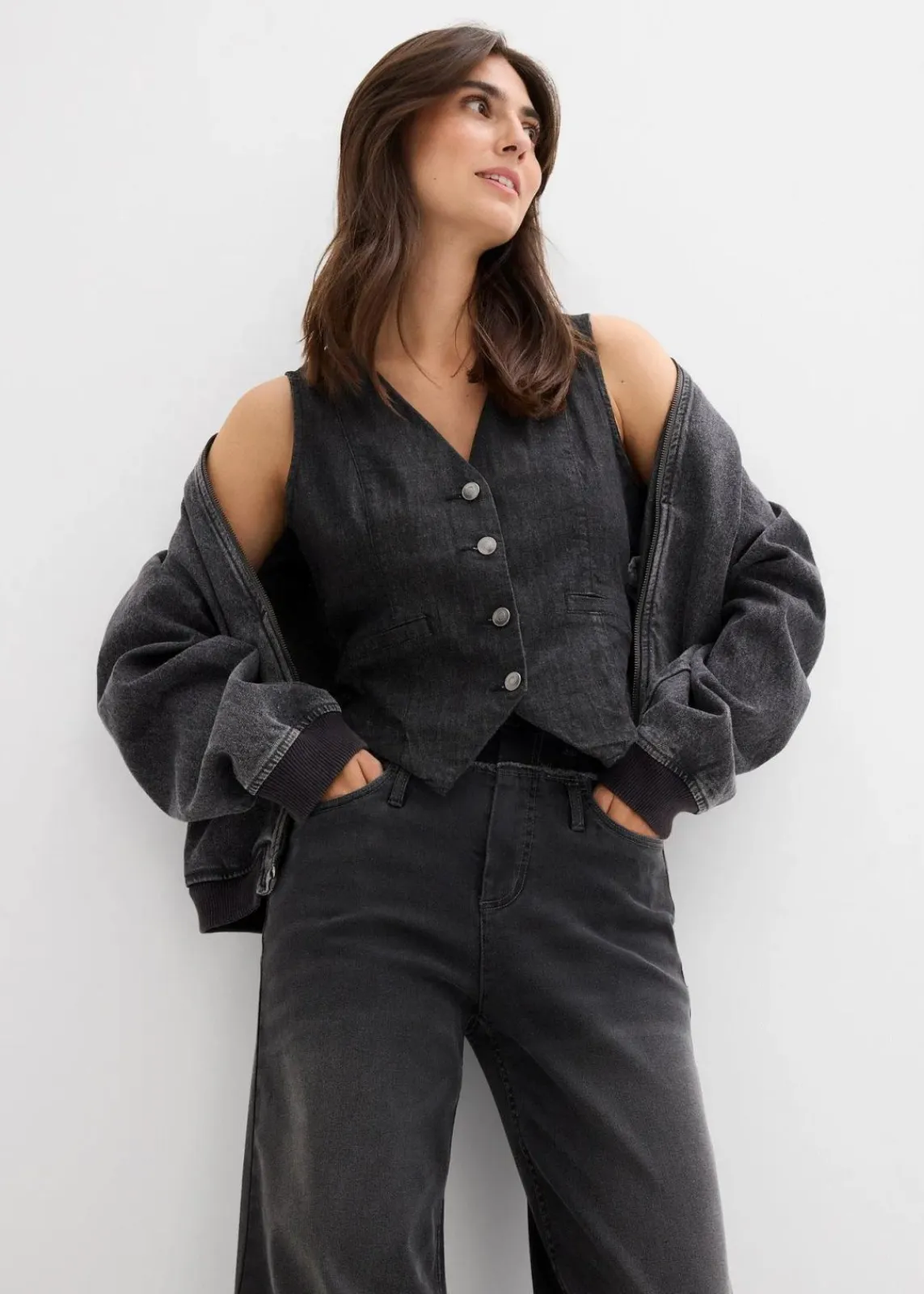 bonprix Bekleidung·Shirts & Tops|Jeans^Wide-Leg-Jeans High Waist dunkelgrau denim used