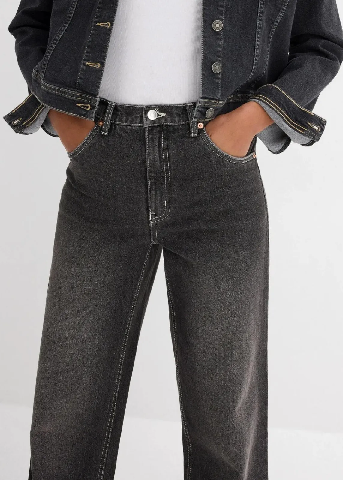 bonprix Jeans|Bekleidung·Shirts & Tops^Wide-Leg-Jeans High Waist schwarz denim used