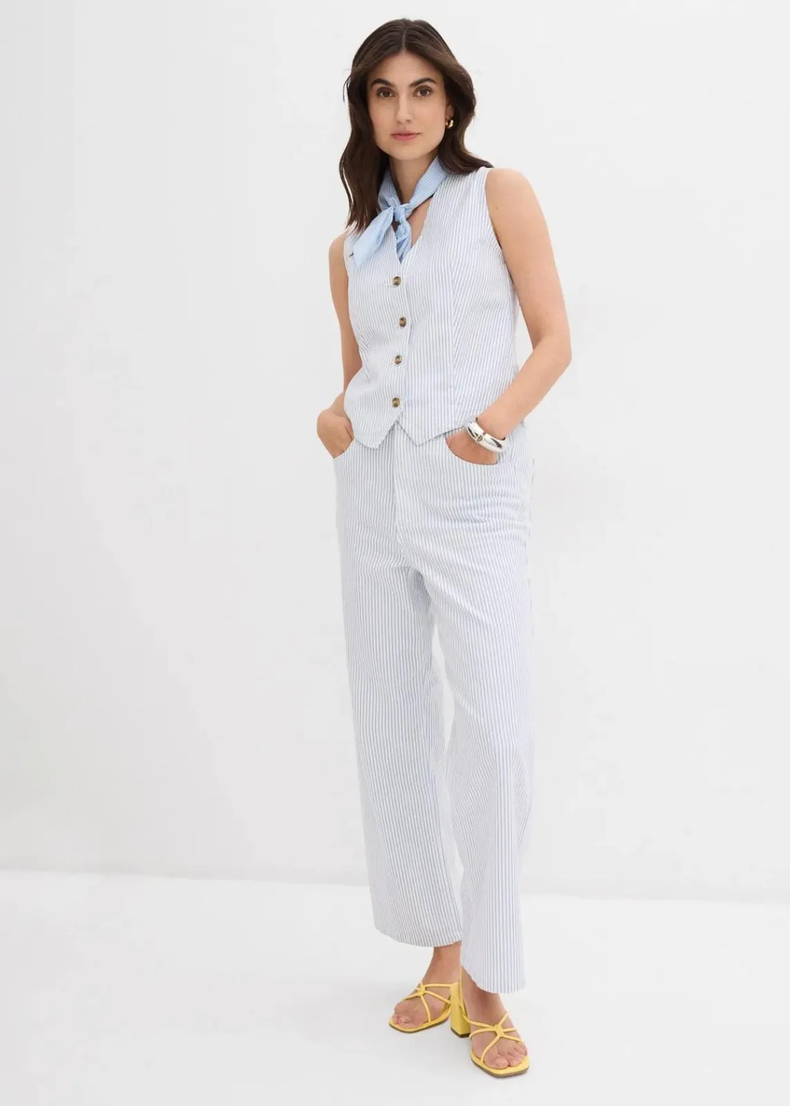 bonprix Bekleidung·Shirts & Tops|Jeans^Wide-Leg-Jeans High Waist, cropped weiß gestreift