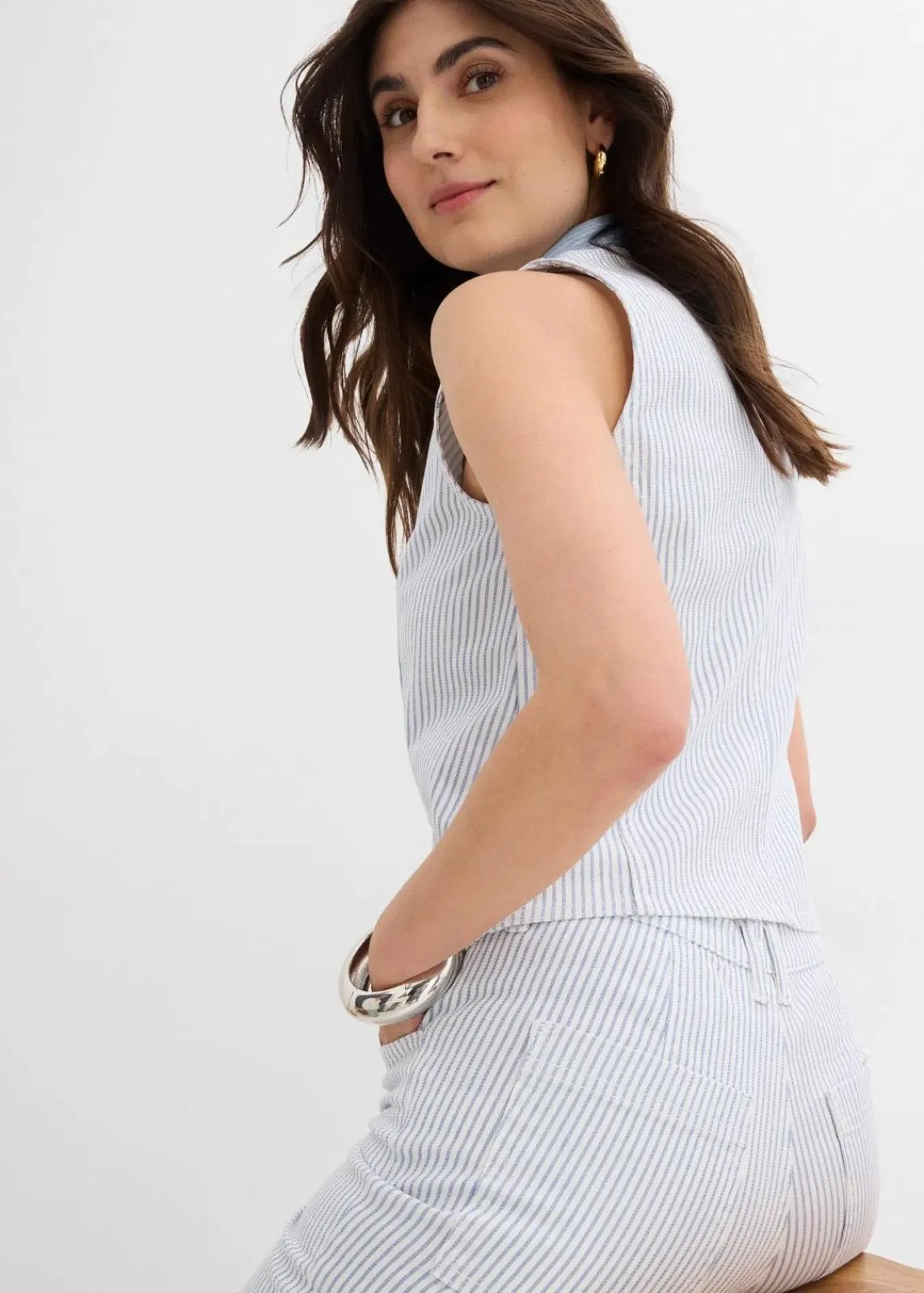 bonprix Bekleidung·Shirts & Tops|Jeans^Wide-Leg-Jeans High Waist, cropped weiß gestreift