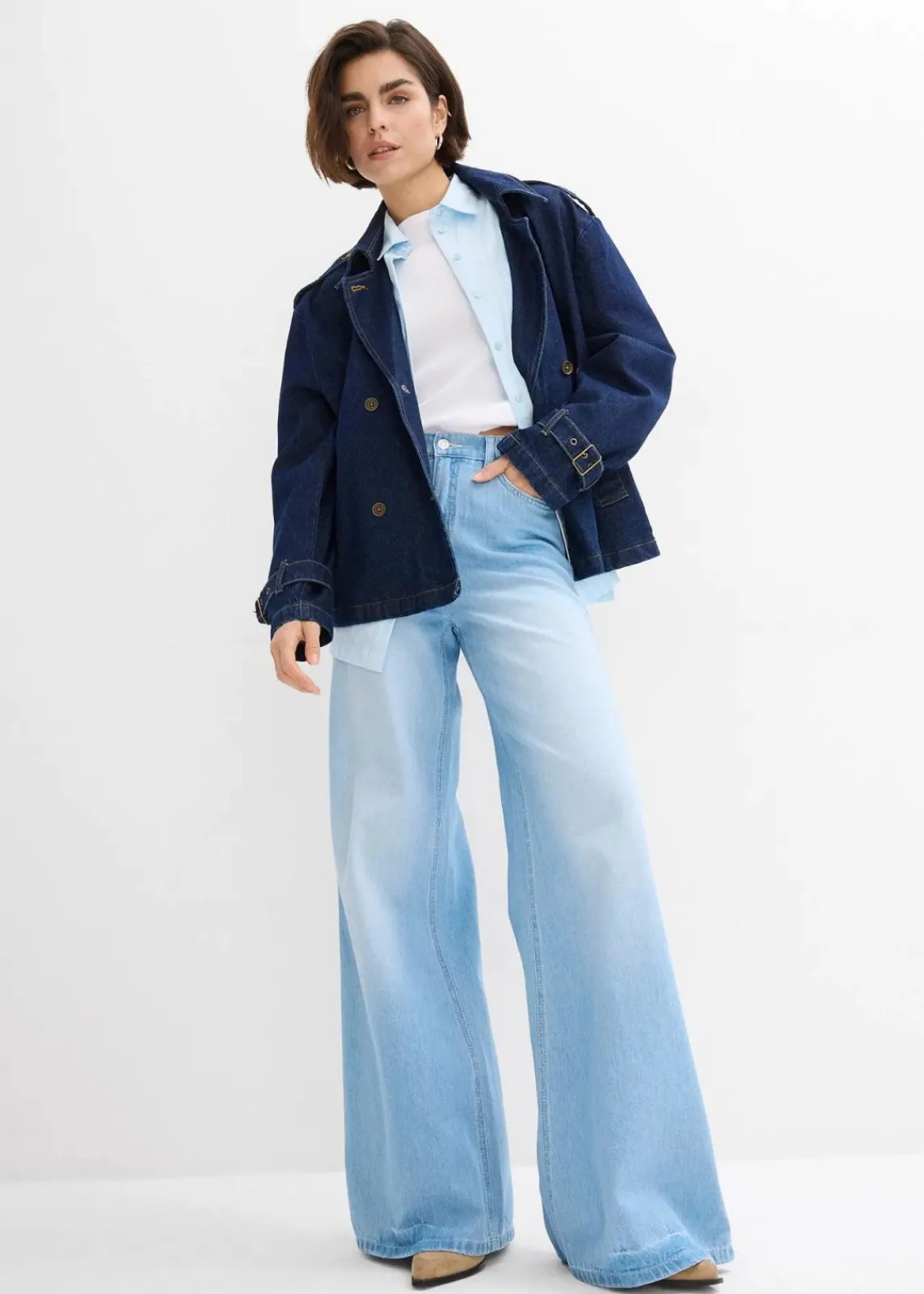 bonprix Jeans|Kurzgrößen^Wide-Leg-Jeans, High Waist, Full Length Bequembund hellblau denim used