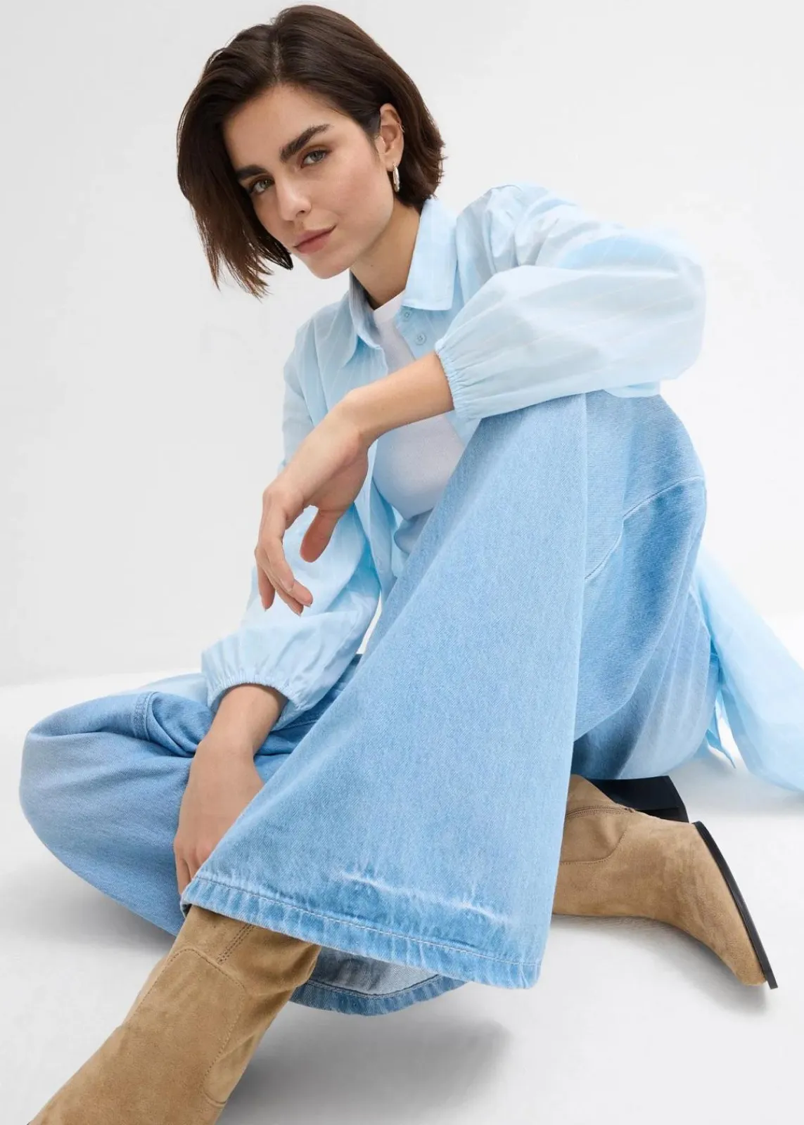 bonprix Jeans|Kurzgrößen^Wide-Leg-Jeans, High Waist, Full Length Bequembund hellblau denim used