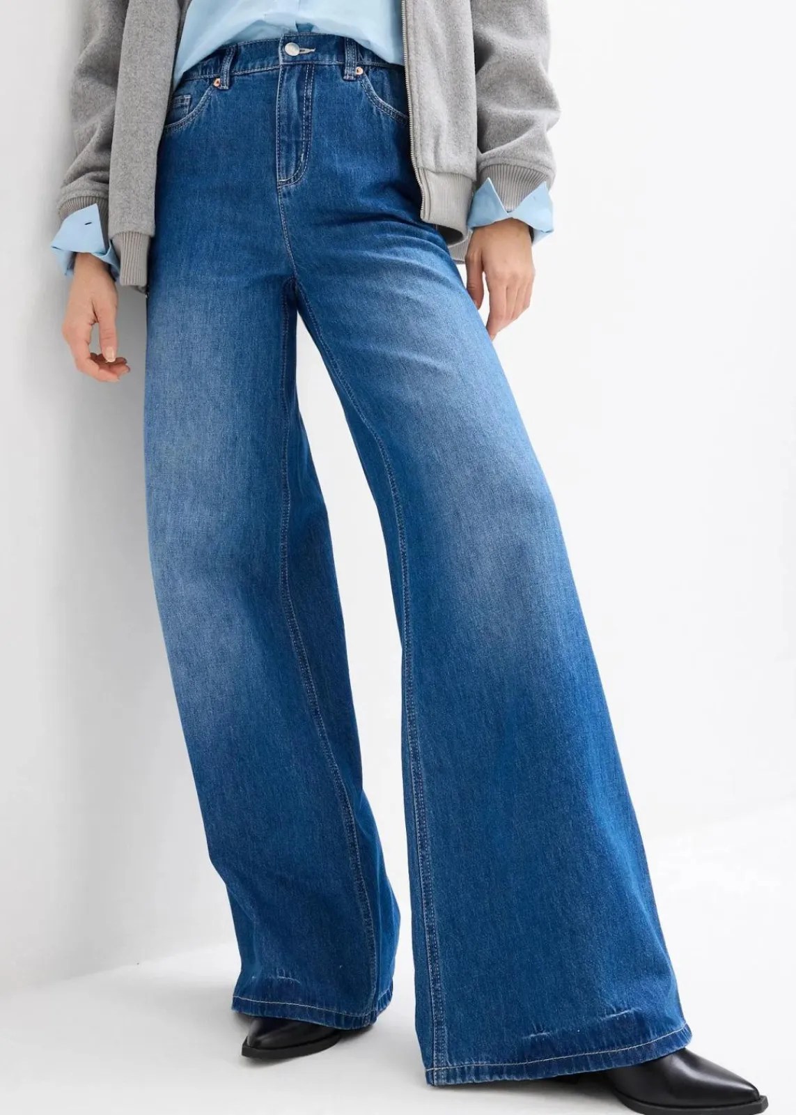 bonprix Jeans|Kurzgrößen^Wide-Leg-Jeans, High Waist, Full Length Bequembund blau denim used