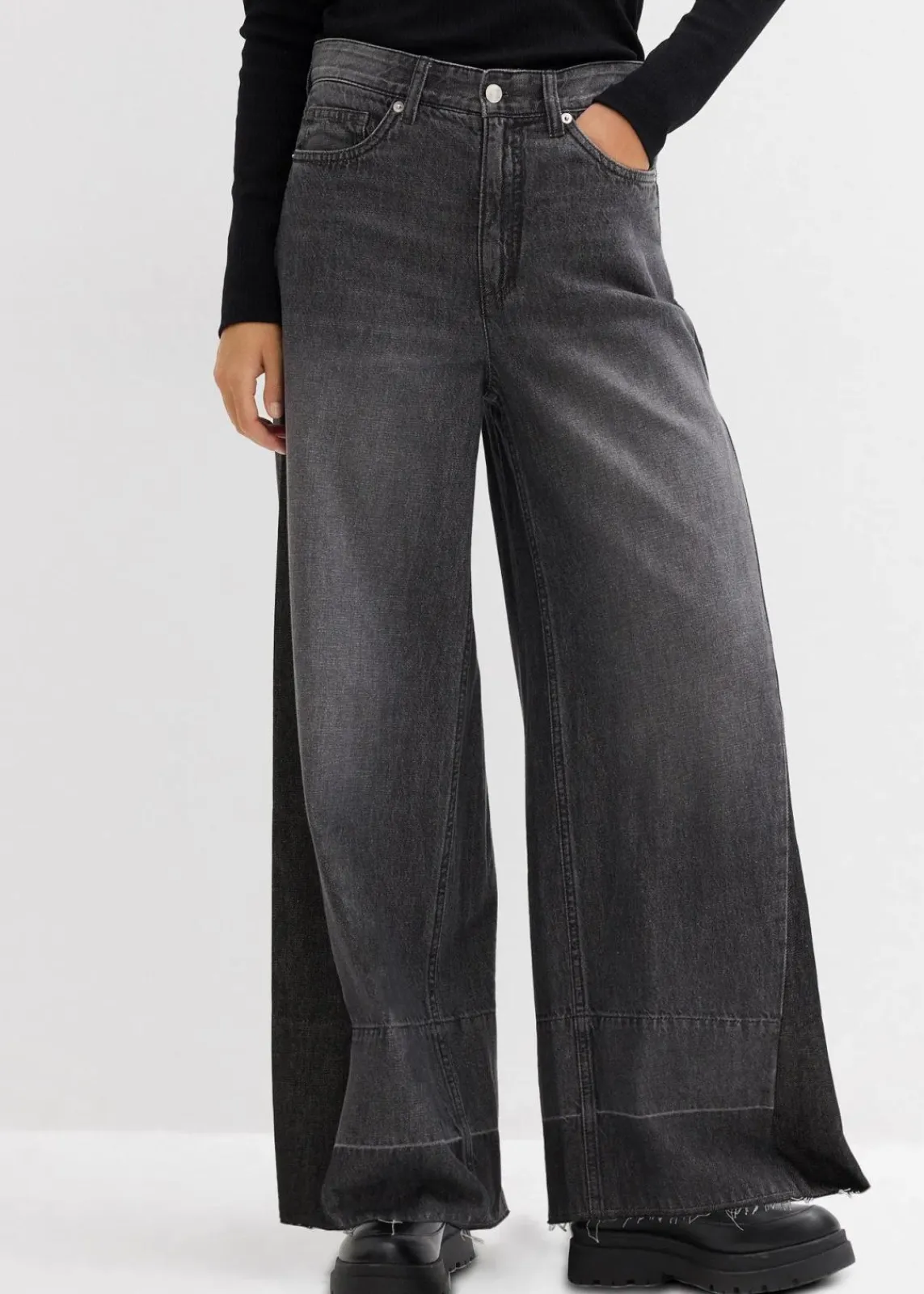 bonprix Bekleidung·Shirts & Tops|Jeans^Wide-Leg-Jeans High Waist mit Einsatz dunkelgrau denim used
