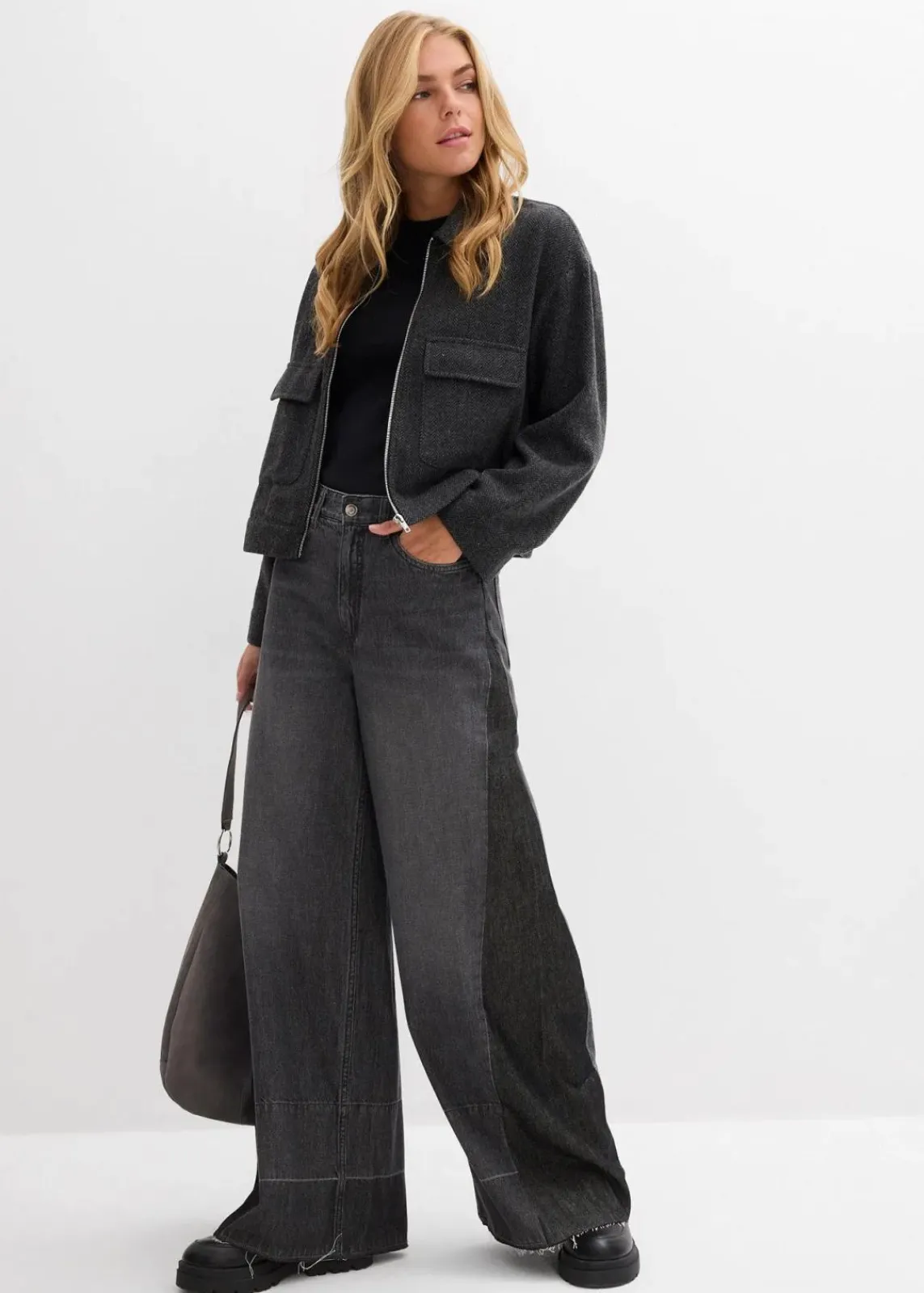 bonprix Bekleidung·Shirts & Tops|Jeans^Wide-Leg-Jeans High Waist mit Einsatz dunkelgrau denim used