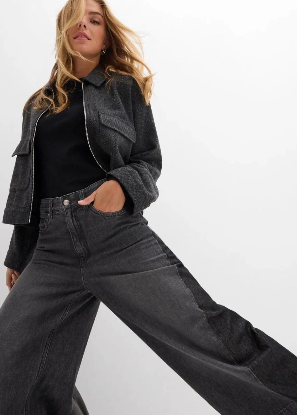 bonprix Bekleidung·Shirts & Tops|Jeans^Wide-Leg-Jeans High Waist mit Einsatz dunkelgrau denim used