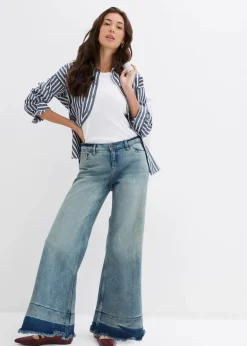bonprix Kurzgrößen|Bekleidung·Shirts & Tops^Wide-Leg-Jeans Mid Waist hellblau denim used vintage
