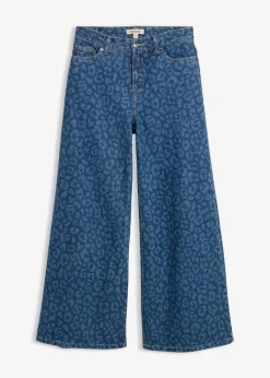bonprix Kurzgrößen|Bekleidung·Shirts & Tops^Wide-Leg-Jeans Mid Waist blau denim leo bedruckt